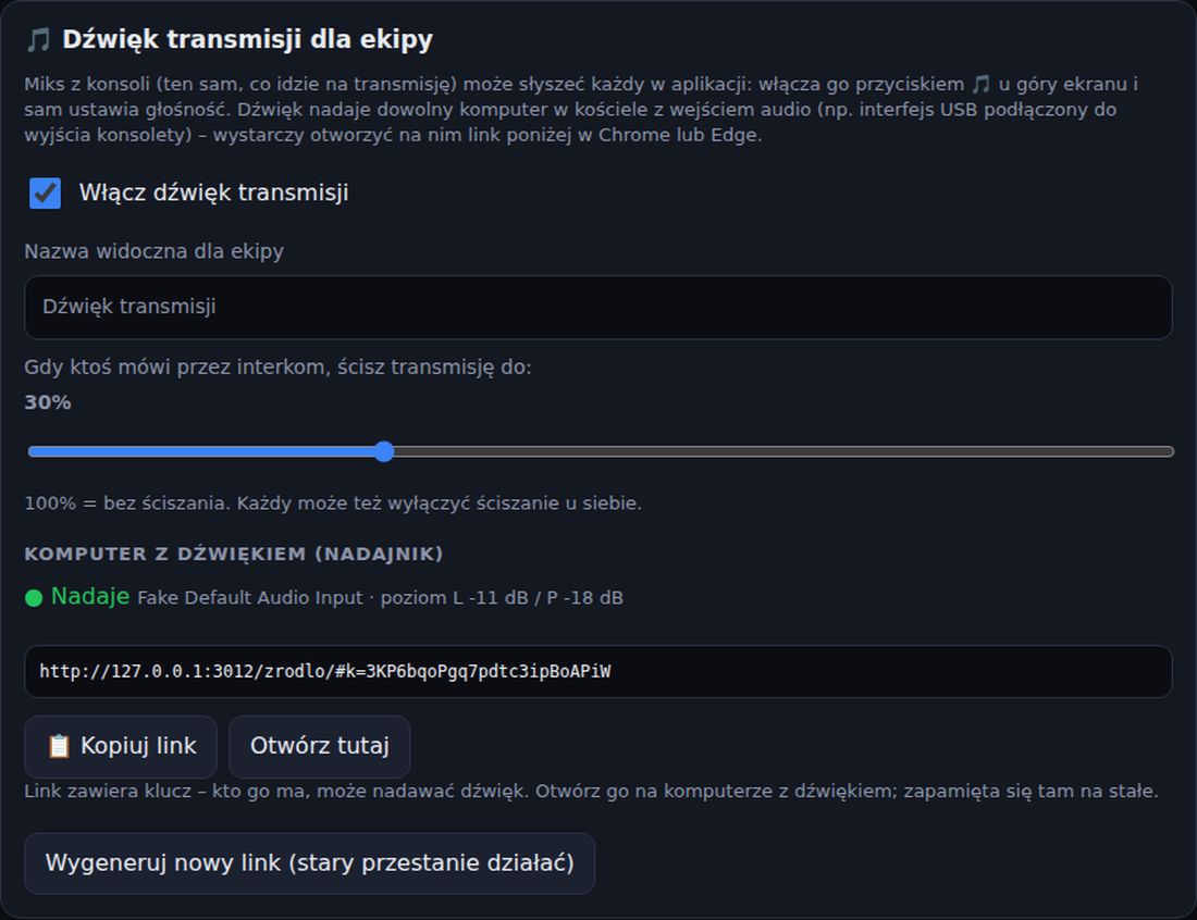 Karta dźwięku transmisji w panelu